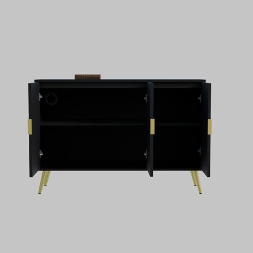 Image of Wooden Sideboard Cabinet 3 Door for Living Room | Crockery Cabinet for Dining Room | Storage Cabinet with Doors | Wooden Console Cupboard Home | HDMR Wood with Metal Legs | Black & Gold