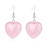 Rose Quartz Heart Drop Earrings REAL Natural Stones Hypoallergenic 925 Sterling Silver Women's Dangle Earrings Safe for Sensitive Ears - USA HANDMADE (Rose Quartz)
