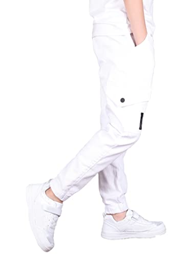 Camlakee Boys Cargo Pants For Kids Stretch Elastic Waist School Youth Twill Joggers White 12-14 Years/Size 170 #TOP1