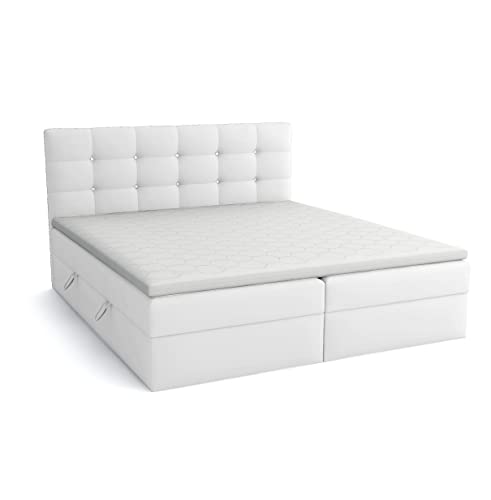 FEDVE Boxspringbett 180x200 Weiß Öko-Leder – Ordos – Solid Bett mit Bettkasten – Praktisches Doppelbett mit Stauraum für Viele Jahre – Gemütlich Kopfteil Bett zum Schlafzimmer