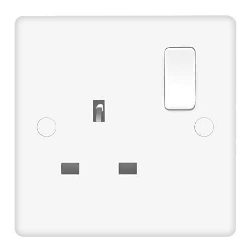 Evoges Vector 13A 1 Gang Double Pole Switched Socket White Gloss Single Plate UK 3-Pin Power Outlet Includes Fixing Screws & Screw Caps UK Standard Wall Mount