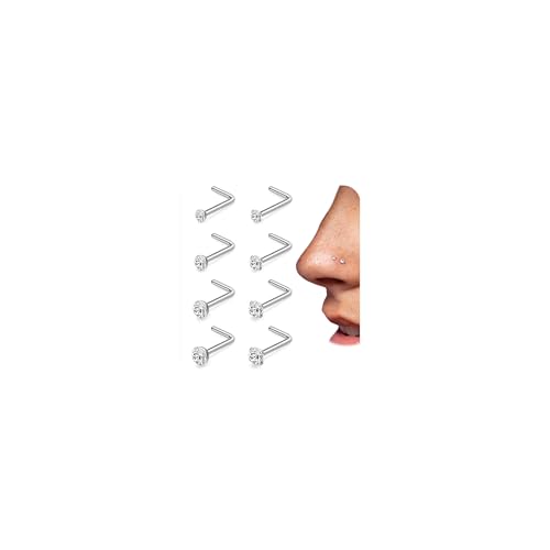 PLOMFOV 8PCS Titanium Nose Rings Studs 18G Nose Ring L Shaped Nose Studs 6A Diamond CZ Silver Hypoallergenic Nose Piercing Jewelry for Women Men 1.5mm 2mm 2.5mm 3mm
