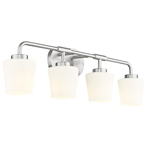 Image of 4-Light Brushed Nickel Bathroom Light Fixtures Over Mirror | Vanity Lighting Fixtures with Milk White Glass, Vintage Farmhouse Wall Sconces Lighting, AD-22004-4W-SN