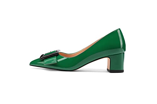 Tanaoen Women's Gold Metal Rectangle On Solid Patent Pointed Toe Chunky Low Heel Pumps Shoes 2 Inch Dark Green 10 #TOP1