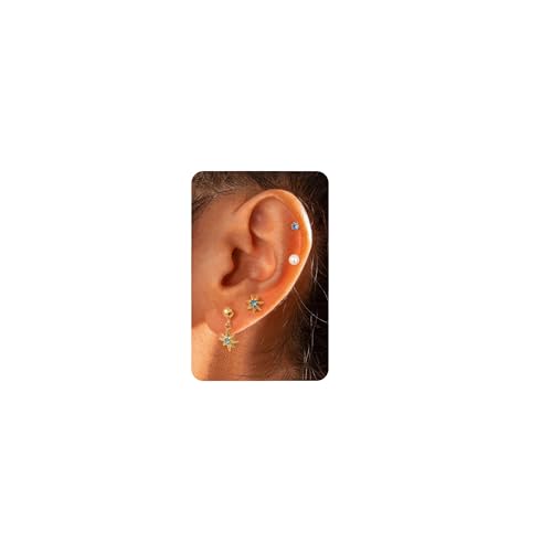KRFY 4Pcs Flat Back Star Earrings for Women, Hypoallergenic Surgical Steel Earrings, 14K Plated Gold Earring Stacks, Dainty Pearl CZ Stud Earrings, Cartilage Earring Sets for Multiple Piercing Style1