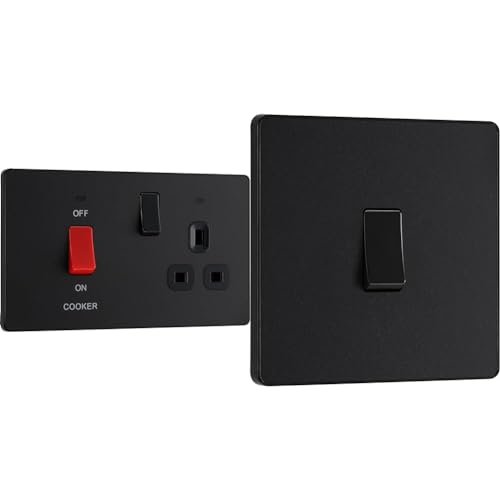 BG Electrical Evolve Cooker Control Socket, Double Pole Switch with LED Power Indicators, 13A, Matt Black & Electrical Evolve Single Light Switch, 20A, 2 Way, Matt Black
