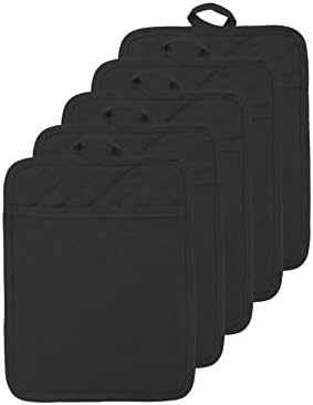 VEIKERY Cotton Pocket Pot Holders Machine Washable Heat Resistant Hot Pads for Kitchen and Baking Square Black Oven Mitts 7"x9" Set of 5