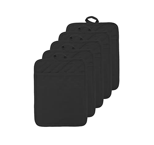Veikery Cotton Pocket Pot Holders Machine Washable Heat Resistant Hot Pads For Kitchen And Baking Square Black Oven Mitts 7"X9" Set Of 5 #TOP11