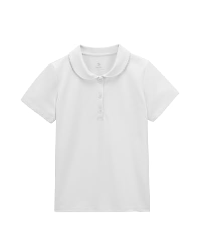 Stelle Girls Peter Pan Collar Shirts Short Sleeve School Uniform Tops Polo Shirt Ruffle Cotton Pique Summer Tees for Kids (White 8-9 Years)