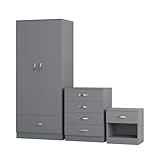 Nera Grey 3 Piece Bedroom Furniture Set 2 Door Wardrobe with Drawer Chest of Drawers & Bedside Table Bedroom Set