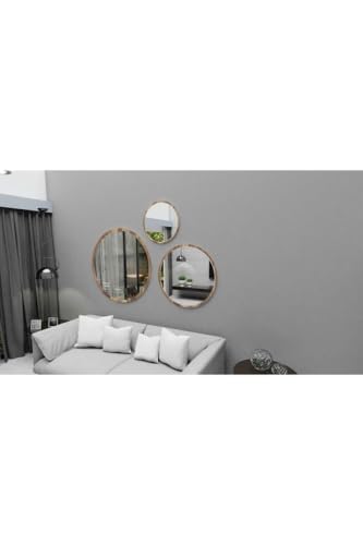 Dekoratif Yuvarlak Ayna 3 Adet Set Banyo Salon Antre Hol Mutfak Duvar Ofis Banyo Wc, Ceviz