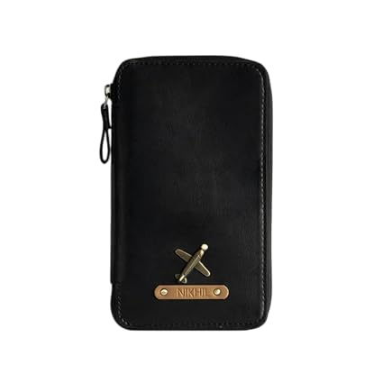 Image of Personalized Leather Passport Holder | Custom Travel Wallet with Zipper, Name & Charm | Durable Genuine Leather Organizer for Travel Documents & Cards (Black)