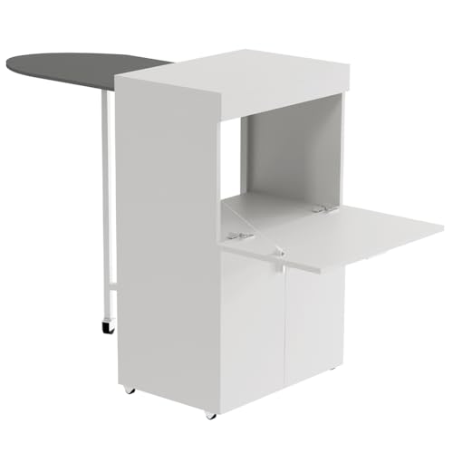 Shally Dogan Mobile Asse da Stiro a Scomparsa Salvaspazio Richiudibile, Mobiletto Pieghevole Telaio in Legno per Stiratura Veloce, 4 Ruote per Spostamento, Ideale Lavanderia, Bagno (Bianco) - 5
