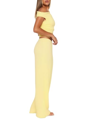 Vest and Pants Set Women - Sexy Pant Sets Women 2 Piece Outfits Off Shoulder Ruched Crop Tops Wide Leg Pantsuits4