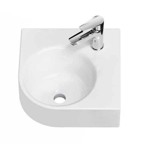 EMKE Lavabo 44 x 38.5 x 15.5 cm, Petit Lavabo Triangulaire à Poser, Installation Murale, Vasque Suspendue pour WC Invités et Salle de Bain, Blanc Brillant