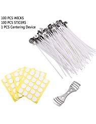 100pcs 8" Natural Candle Wicks & 100pcs Candle Wicks Stickers & 1pcs Candle Wick Centering Device, Low Smoke Natural Cotton Core for Candle Making, Candle DIY