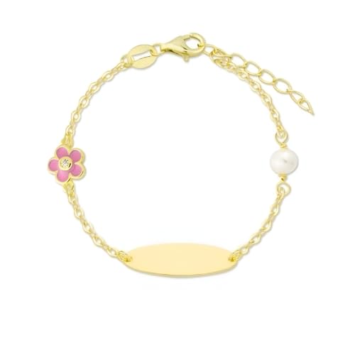 Turmalina by martina, Pulsera personalizada Esclava ID, Dorada, de Plata de Ley 925, Bebé o Niña, con Placa y Motivos de Flor y Perla, Larga de 11 cm y 2,5 cm de Extensor