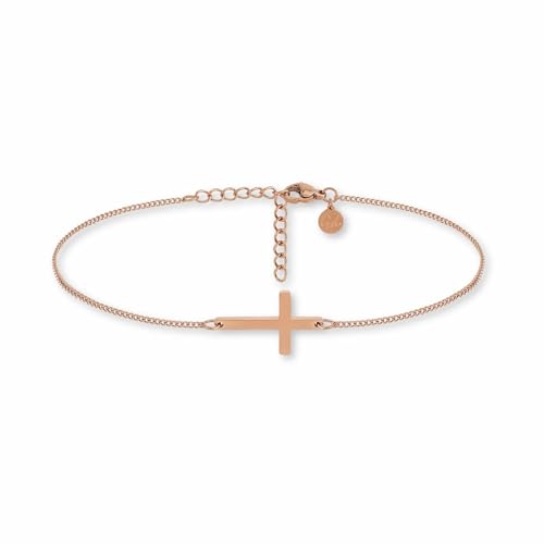 GD GOOD.designs EST. 2015 Bracelet de cheville or rose pour femme avec pendentif croix – Cheville en acier inoxydable 316L or rose 18K | Étanche & Réglable...