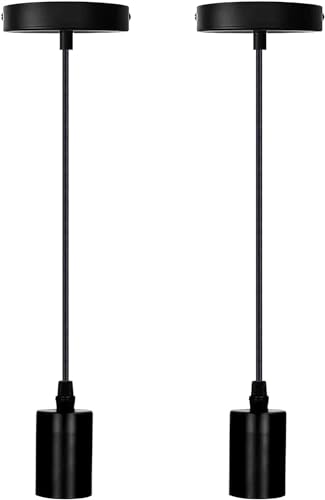 BrightArk Vintage Ceiling Pendant Light Fixtures, Aluminum E27 Screw Lamp Holder Set with Adjustable 1 Meter Cable Length Modern Flexible Hanging Light Fixture 2 Pack Black(Bulb Not Included)