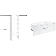 ClosetMaid SuiteSymphony Wood 5-10ft Wide Closet Organizer Tower Starter Kit with 3 Expandable 30-48in Rods, 5 Shelves and Add-On 25x10in Pure White Drawer