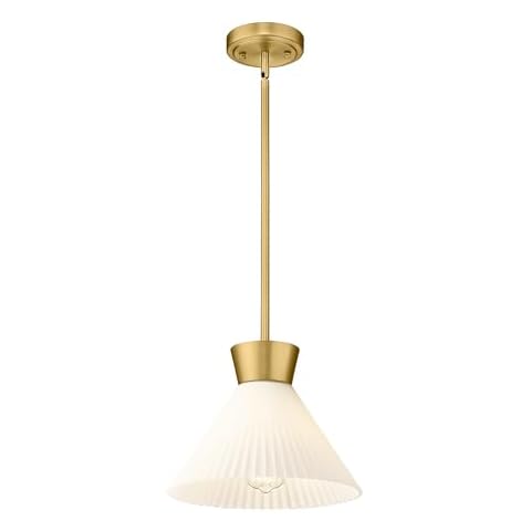 Modern Pendant Light Fixture, HWH White and Gold Kitchen Island Lights 11 Inch, 1-Light Hanging Lighting for Dinning Room Schoolhouse, Frosted Striped Glass Shade, 5HZG98MIL BG Cover