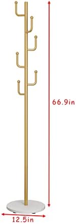 Gold Coat Rack, Free-standing Small Modern Coat Stand Tree with 6 Hooks, Marble Base, Hat & Coat Cactus Shape Hanger for Bedroom, Office, Metal Vintage, gold