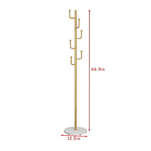 Gold Coat Rack, Free-standing Small Modern Coat Stand Tree with 6 Hooks, Marble Base, Hat & Coat Cactus Shape Hanger for Bedroom, Office, Metal Vintage, gold