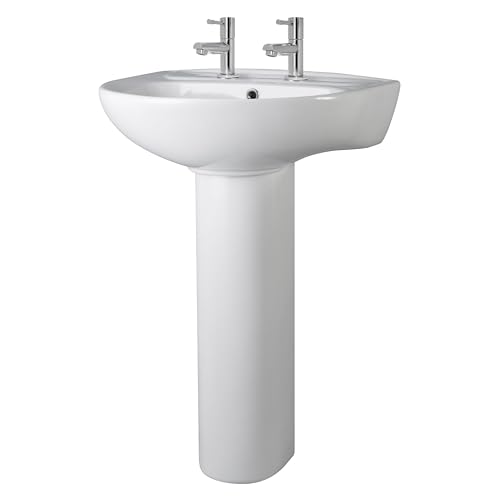 Image of Balterley 550mm Bathroom Sink, Full Pedestal Ceramic Round Bowl Bathroom Wash Basin Sink with Overflow, 2 Tap Hole, Floor Standing Basin Sinks for Cloakroom - 550 x 475 x 840mm (White)