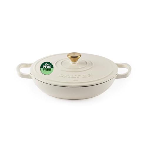 Salter Chester Shallow Enamelled Cast Iron Casserole Pot – 30cm Dutch Oven/Stock Pot with Self-Basting Lid, Suitable for All Hob Types, 2.8L Capacity, PFAS-Free, Cream Finish