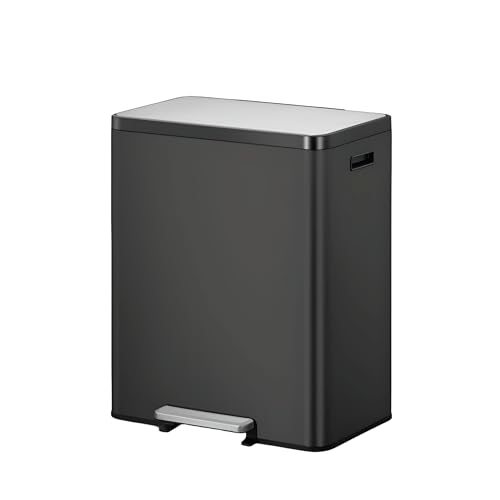 EKO Ecocasa II Waste & Recycling Double Bin 30L + 30L, Fingerprint-Resistant Dual Kitchen Pedal Bin, Large 60L with Built-In Deodoriser, Matt Black Brushed Stainless Steel