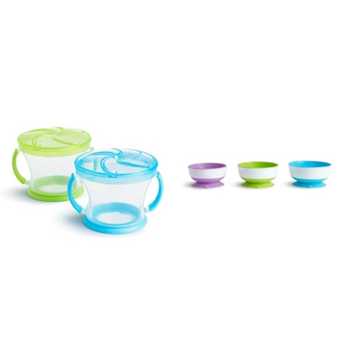 Image of Munchkin® Snack Catcher® Toddler Snack Cups, 2 Pack, Blue/Green & Stay Put™ Suction Bowls for Babies and Toddlers, 3 Pack, Blue/Green/Purple