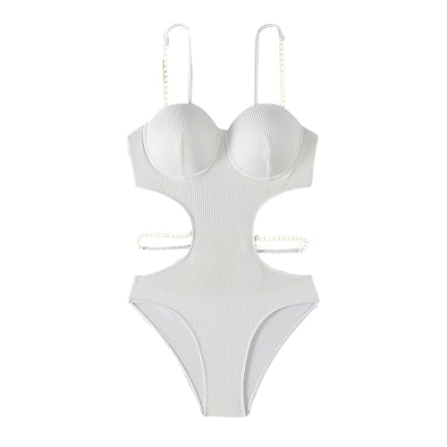Women Ribbed Cut Out Monokinis Chain Strap Bathing Suits