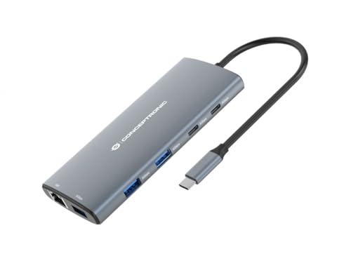CONCEPTRONIC DONN06G 10 en 1 USB 3.2 Gen 1 Docking Station, HDMI, 100W USB PD, USB-C 5Gbps x 2, USB-A 5Gbps x 3, SD, TF/MicroSD, GbE