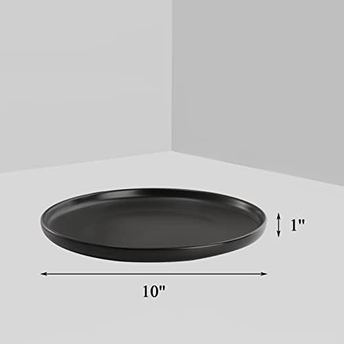 ZENFUN Set of 4 Porcelain Dinner Plates, 10Inch/25.4CM Matte Ceramic Dish Steak Plates, Elegant Large Round Serving Plates for Salad, Pasta, Pizza, Dishwasher & Microwave Safe, Black