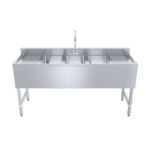 Image of AmGood One Compartment Stainless Steel Under bar Sink (Sink Size: 60 inchx19 inch, Three Bowl + Faucet + 2 Drainboards)