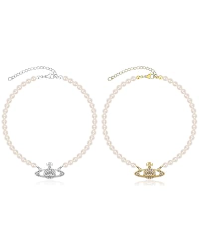 MOPZIJA 2PCS perlenkette damen Perlenkette für Frauen und Mädchen saturn kette kette perlen clean girl schmuck perlen schmuck Geburtstags Jubiläums Schmuckgeschenk