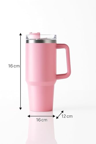 Image of Nestara Stainless Steel Tumbler - 1200ml, Leakproof Water Cup with Handle, Lid & Straw for Hot & Cold Drinks, Coffee Mug for Gym, Travel, Office & Outdoor (Pink)