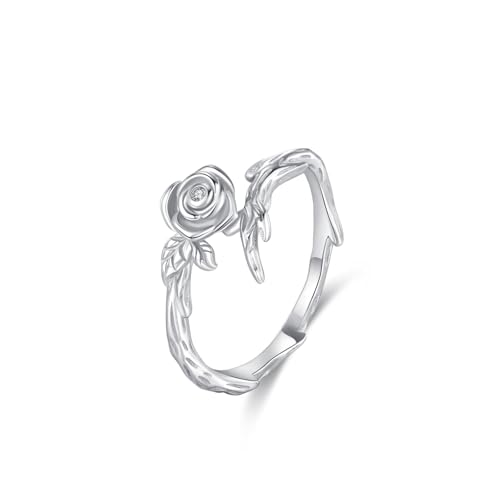 Tolldek Alianzas de boda de oro blanco Au 375/585/750, joyas auténticas, rosas y flores, anillos con diamantes, anillos de amistad de 9 K/14 K/18 K, oro blanco, talla 47-65, Oro blanco de 18 quilates