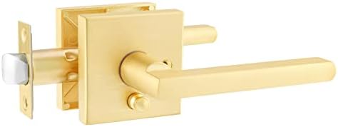Heittis 1 Pack Door Levers Door Knobs Interior in Satin Brass Finish, Bedroom Bathroom Privacy Door Handles Interior Gold Locksets Keyless, Universal Handing with Square Door Knobs