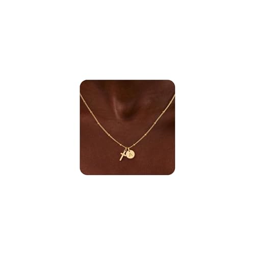 Turandoss Easter Gifts for Kids Trendy, Dainty 14K Gold Plated Disc Initial A Cross Pendant Necklace Birthday...