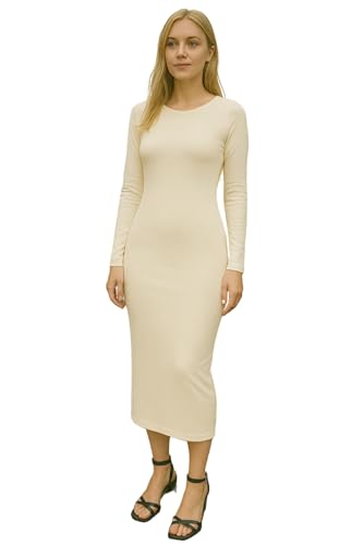 Image of STAR FASHION Women's Long Sleeve Bodycon Midi Dress Ladies Round Neck Stretchy Plain Dress Plus Size Cream-12-14