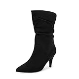 Women's Mid Calf Slouchy Boots High Heel Faux Suede Boots Pointed Toe Slip On Fashion Western Bootie