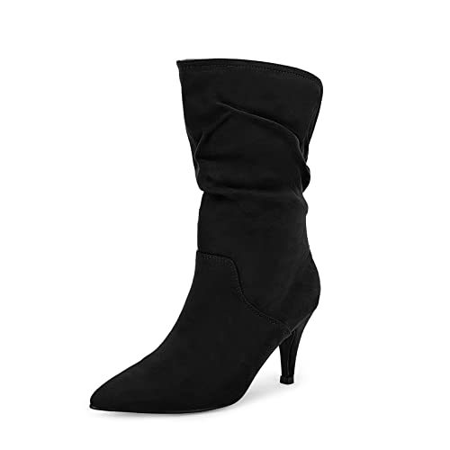 Women's Mid Calf Slouchy Boots High Heel Faux Suede Boots Pointed Toe Slip On Fashion Western Booties #TOP12