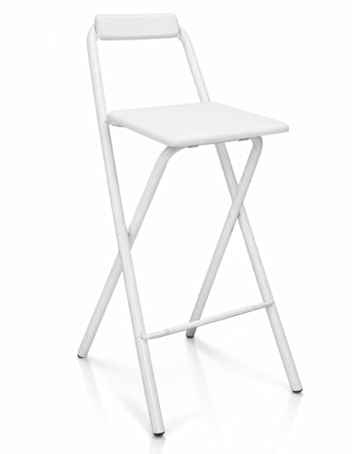 Jardin202 - Taburete Plegable Alto de Metal Extra Grueso con Reposapies para Cocinas y Bar | Silla con Respaldo Resistente | Unidad (Blanco/Blanco)