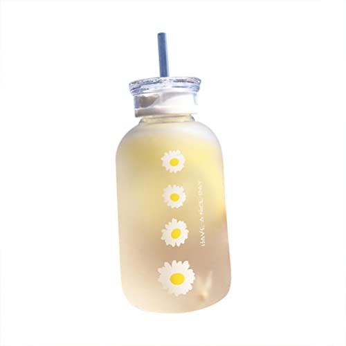 Milchsaft, niedliche Wasserflasche mit Strohhalm, 2 Deckel, 480 ml, kleine Gänseblümchen, matt, transparent, Wasserbecher, Glas Cover