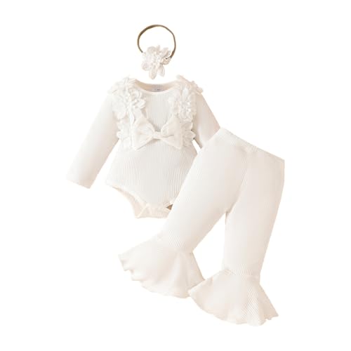 Conjunto Largo de Ropa de Bebe Niña Traje Recien Nacido de 3 Piezas con Lazo y Florales Body de Manga Larga+Pantalones de Campana con Volantes +Diadema Lazo Conjuntos de Punto Color Liso