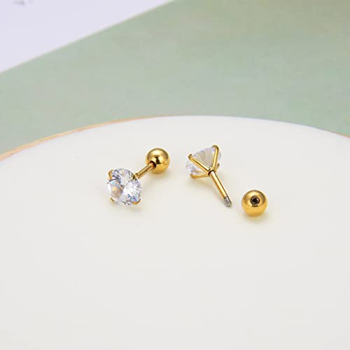 4 Pairs Screw Back Surgical Stainless Steel Stud Earrings, Gold Plated Silver Heart Star Square Princess Cut Round CZ Cubic Zirconia Stud Earrings Set4