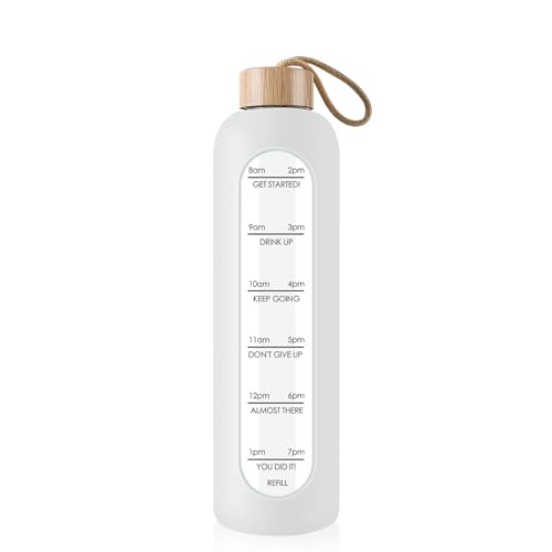 Gistome Trinkflasche Glas 1L mit Zeitmarkierungen - 1 Liter Auslaufsichere Sport Glas Wasserflasche mit Bambusdeckel für Sport, Freizeit, 1000ml Mehrweg Bruchsicher Silikonhülle Trinkflasche (Weiß)