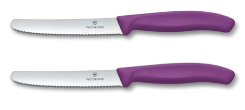 Victorinox Swiss Classic, Frühstücksmesser, Brötchenmesser Set 2teilig, Scharfe Klinge, Wellenschliff, 11 cm, Rostfreier Stahl, Violett