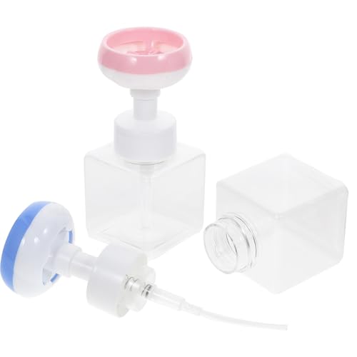 JOINPAYA Lot de 2 Bouteilles Distributeur de Mousse 250 ML Transparentes Pompe à Savonnette Moussant Fleur Rose et Bleue Rechargeables Légères et Compactes pour Voyage et Gel